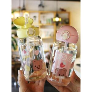 400ml aesthetic glass cup with lid and straw, designed for girls and students, in Mori style